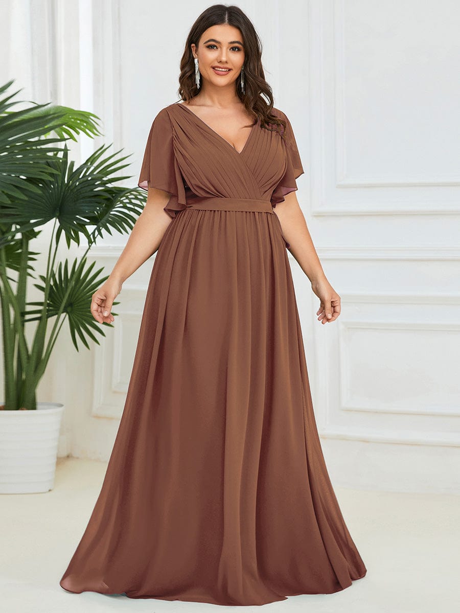 Custom Size V-Neck Flutter Sleeve Floor-Length A-Line Chiffon Evening Dress #color_Brown