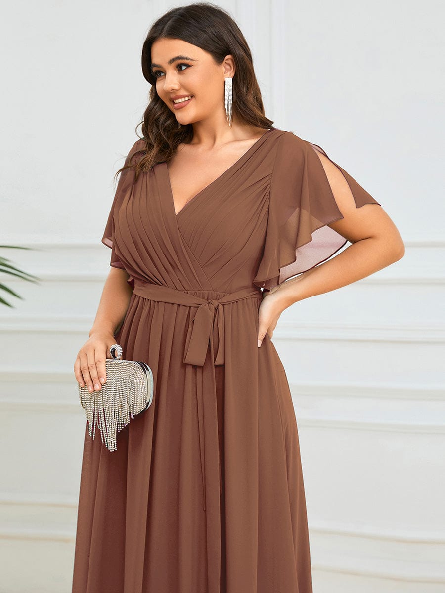 Custom Size V-Neck Flutter Sleeve Floor-Length A-Line Chiffon Evening Dress #color_Brown