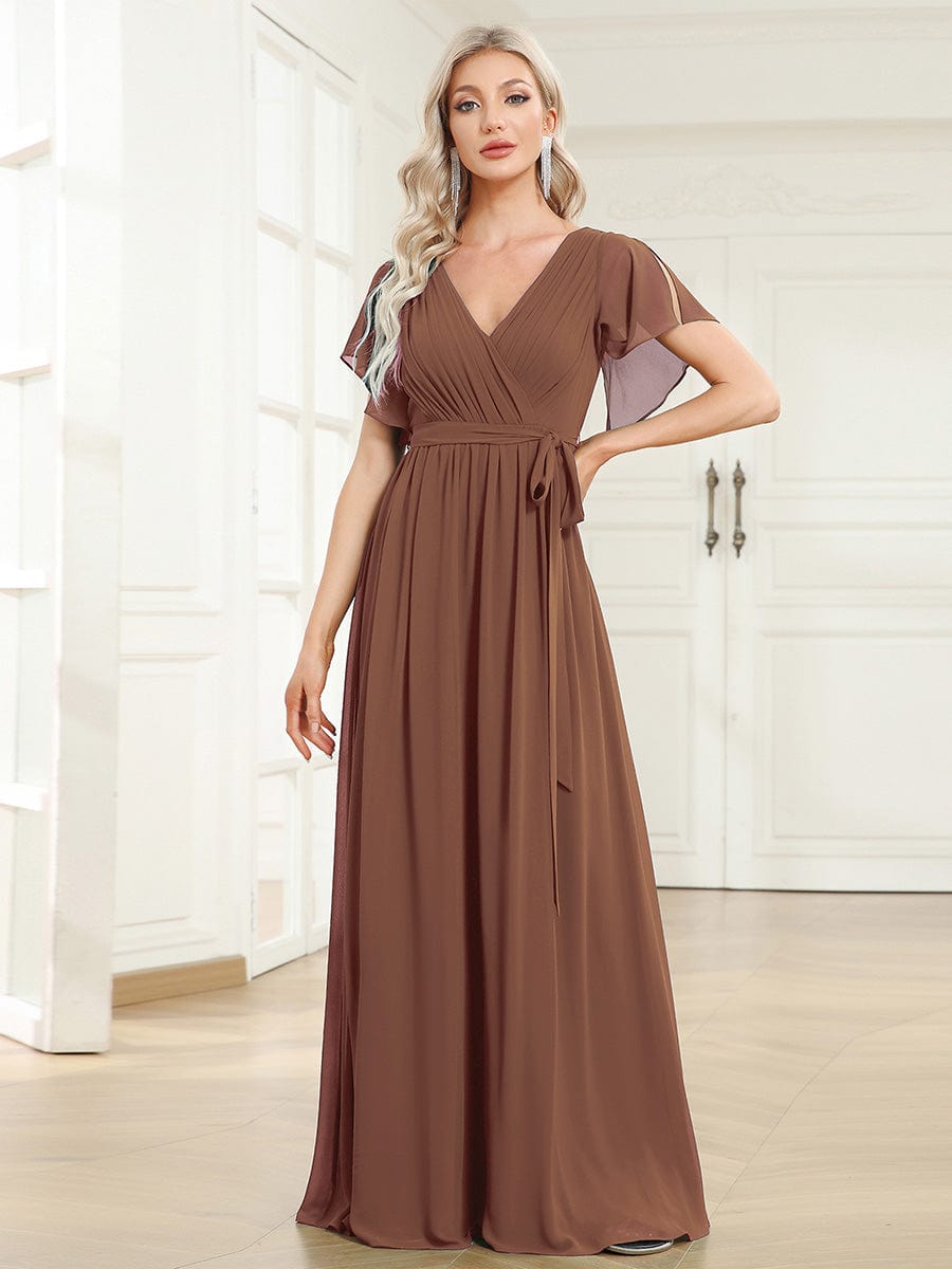 Custom Size V-Neck Flutter Sleeve Floor-Length A-Line Chiffon Evening Dress #color_Brown