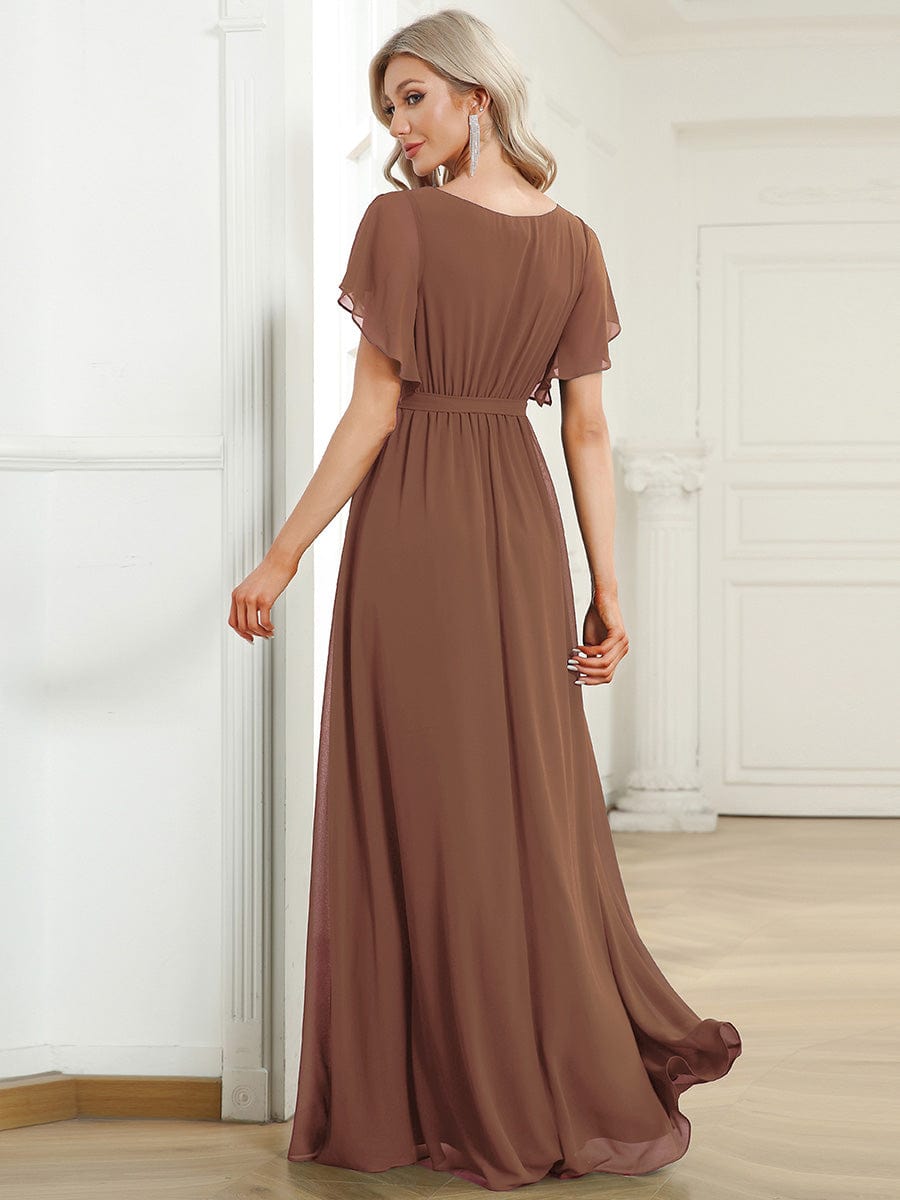 Custom Size V-Neck Flutter Sleeve Floor-Length A-Line Chiffon Evening Dress #color_Brown