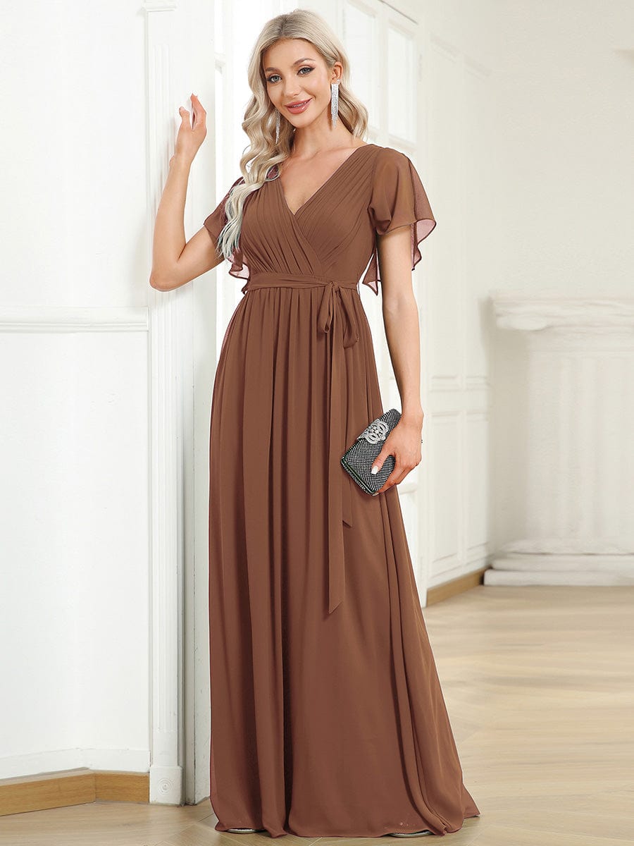 Custom Size V-Neck Flutter Sleeve Floor-Length A-Line Chiffon Evening Dress #color_Brown