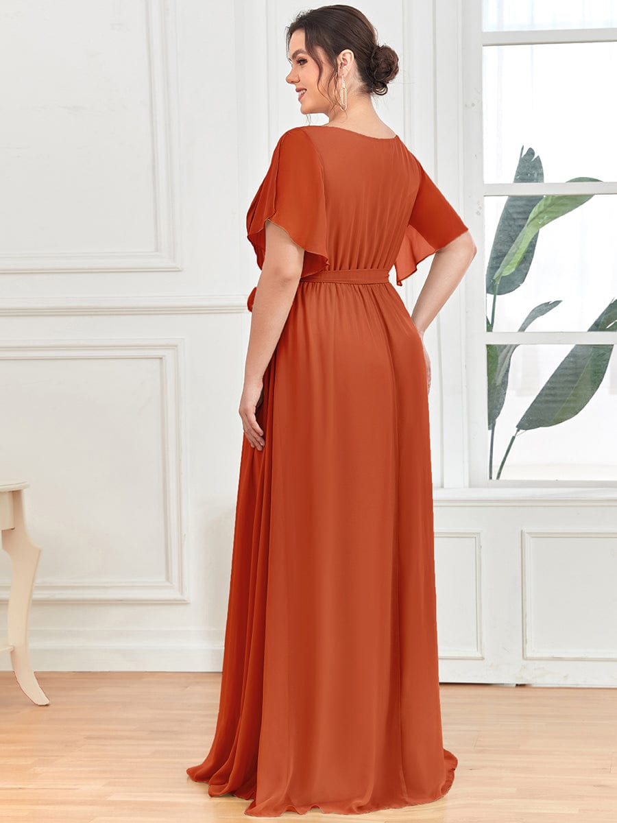 Plus Size Floor-Length Chiffon Evening Dress V-Neck Maxi #color_Burnt Orange