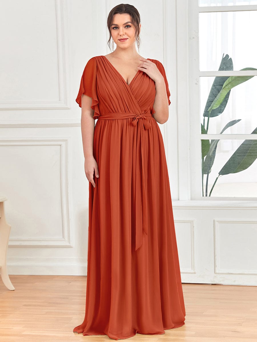 Plus Size Floor-Length Chiffon Evening Dress V-Neck Maxi #color_Burnt Orange