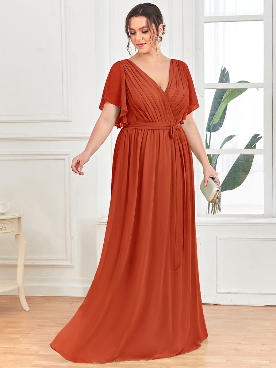 Plus Size Floor-Length Chiffon Evening Dress V-Neck Maxi #color_Burnt Orange