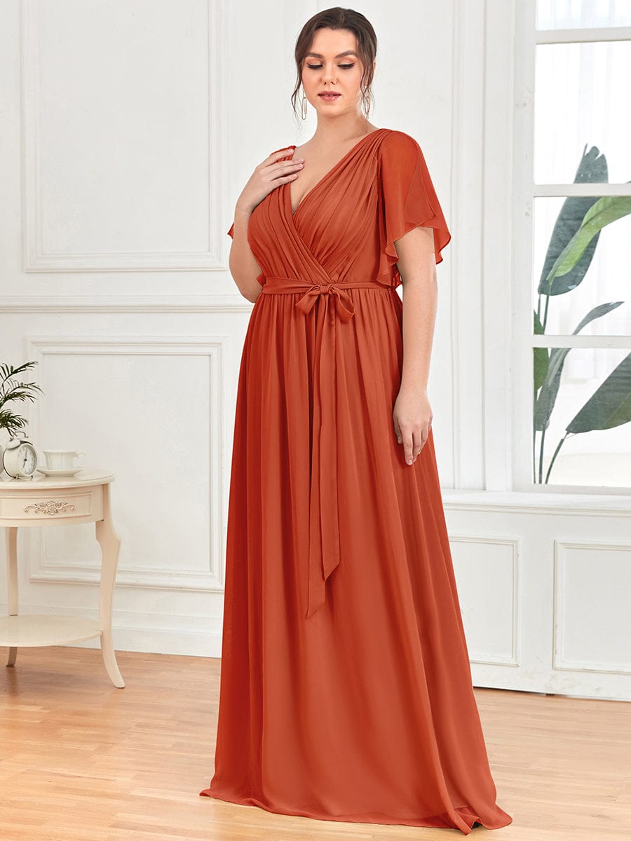 Plus Size Floor-Length Chiffon Evening Dress V-Neck Maxi #color_Burnt Orange