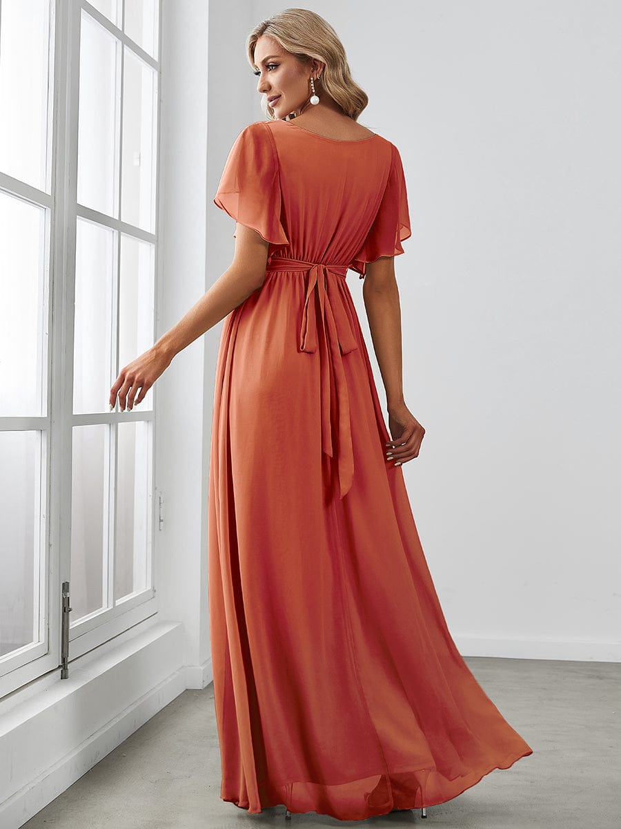 Custom Size V-Neck Flutter Sleeve Floor-Length A-Line Chiffon Evening Dress #color_Burnt Orange