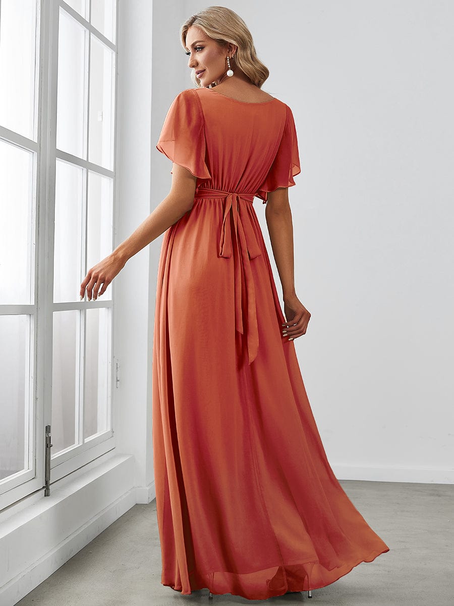 V-Neck Flutter Sleeve Floor-Length A-Line Chiffon Evening Dress #color_Burnt Orange