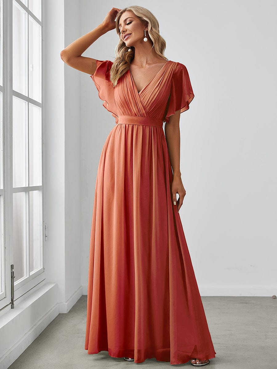 Custom Size V-Neck Flutter Sleeve Floor-Length A-Line Chiffon Evening Dress #color_Burnt Orange