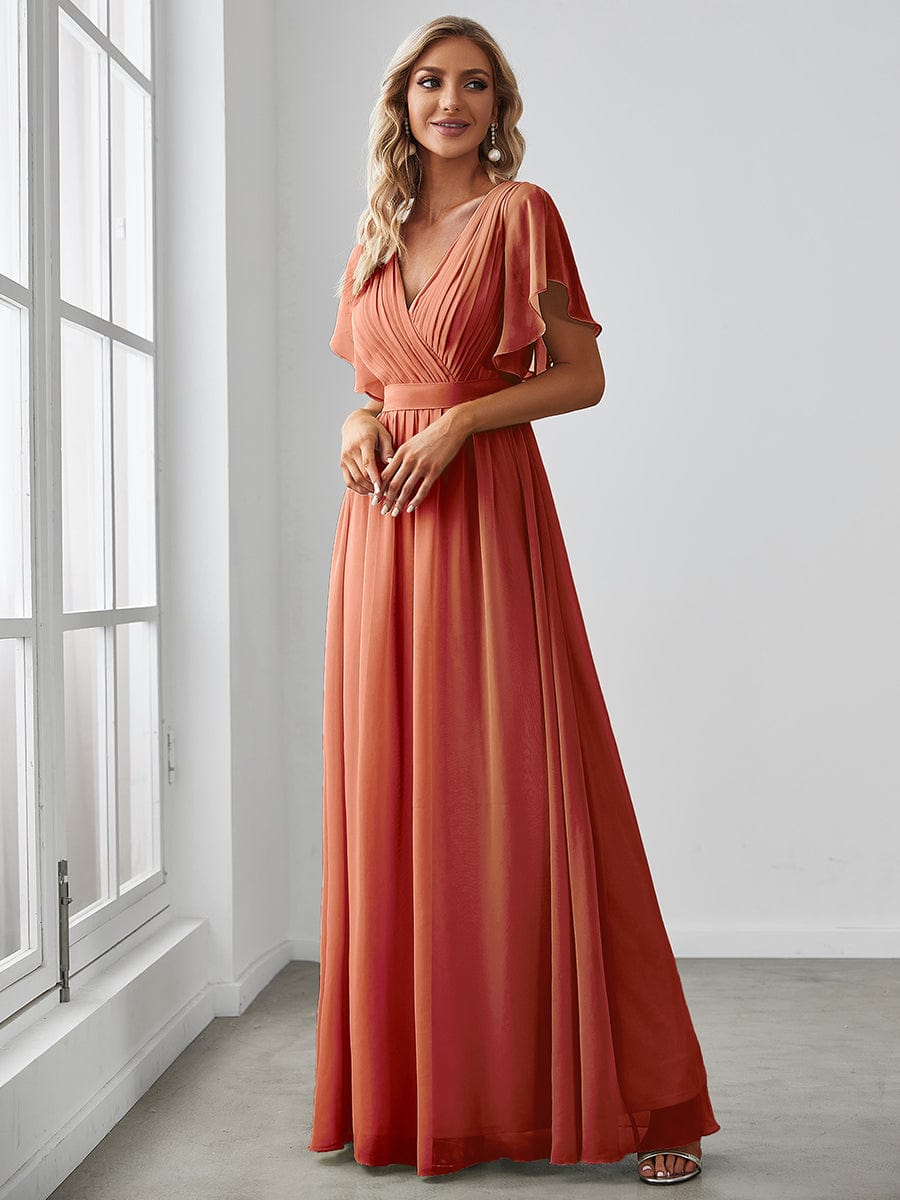 Custom Size V-Neck Flutter Sleeve Floor-Length A-Line Chiffon Evening Dress #color_Burnt Orange