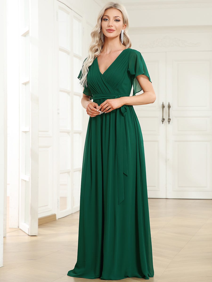V-Neck Flutter Sleeve Floor-Length A-Line Chiffon Evening Dress #color_Dark Green