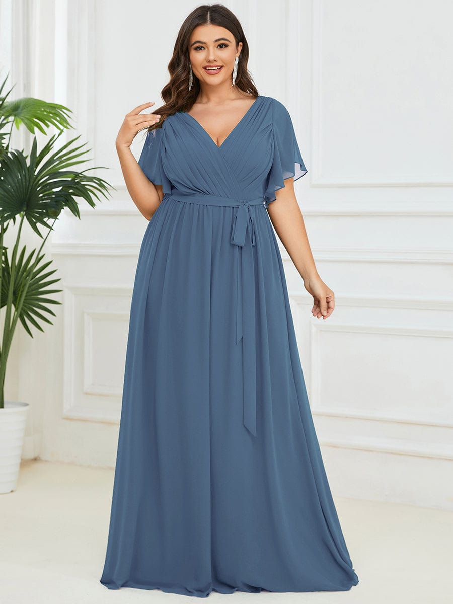 Plus Size Floor-Length Chiffon Evening Dress V-Neck Maxi #color_Dusty Navy