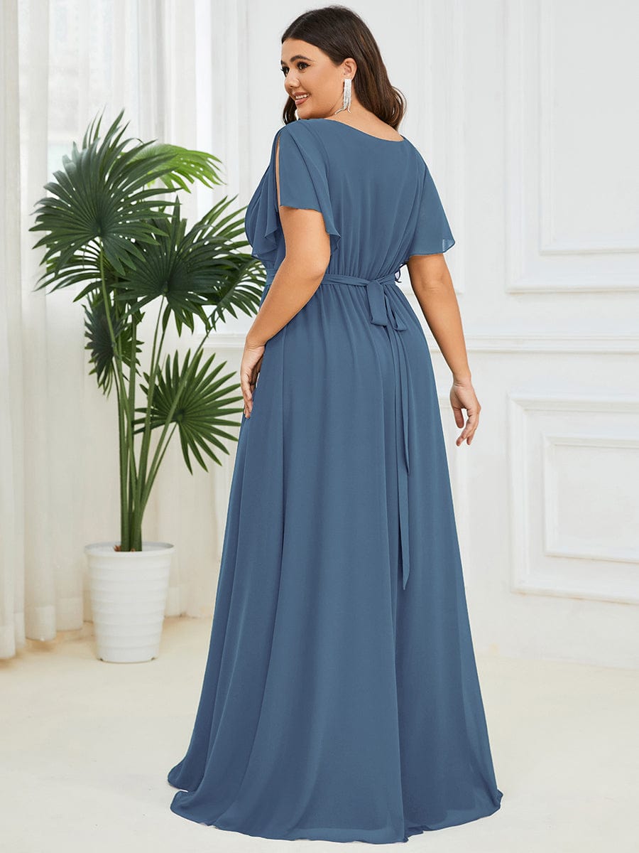 V-Neck Flutter Sleeve Floor-Length A-Line Chiffon Evening Dress #color_Dusty Navy