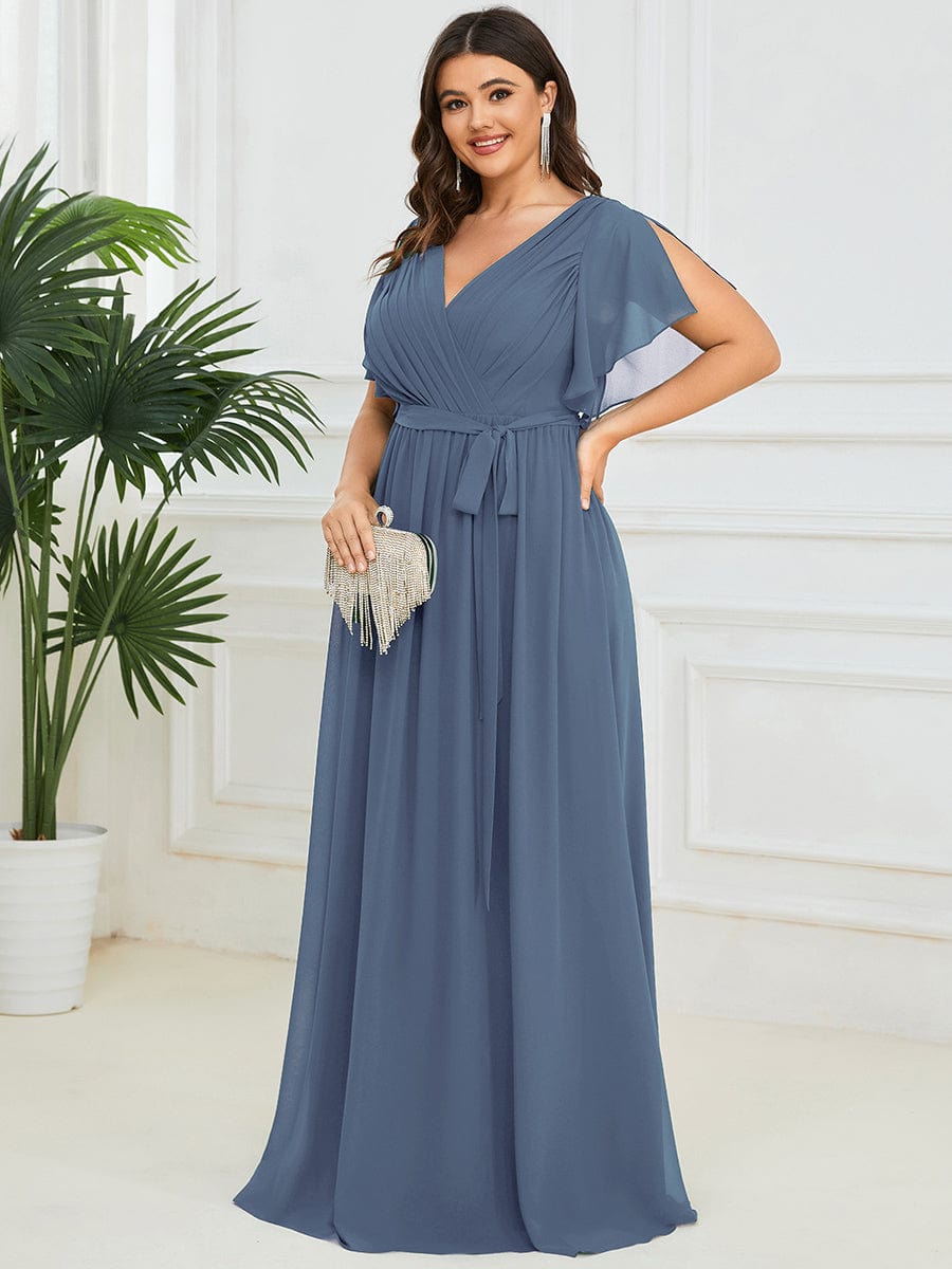 Plus Size Floor-Length Chiffon Evening Dress V-Neck Maxi #color_Dusty Blue