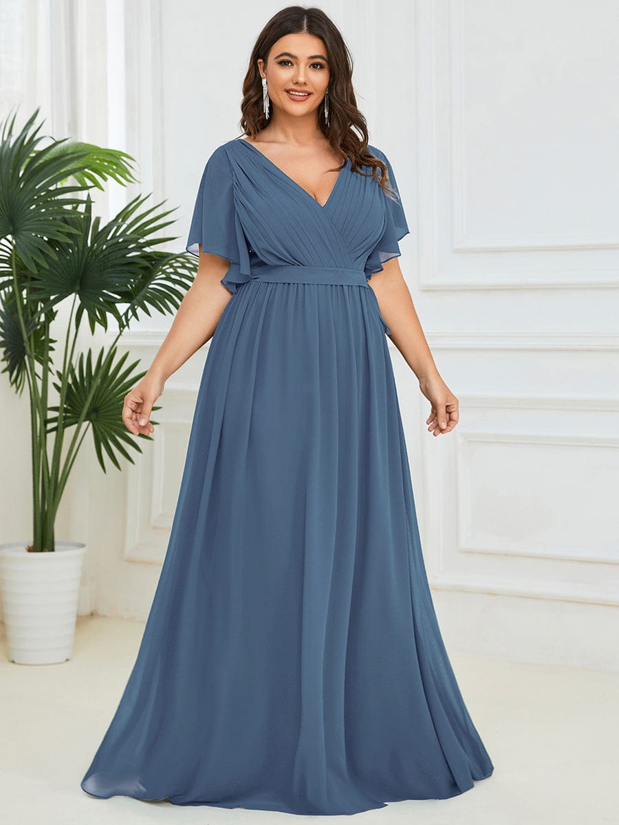 Plus Size Floor-Length Chiffon Evening Dress V-Neck Maxi #color_Dusty Blue