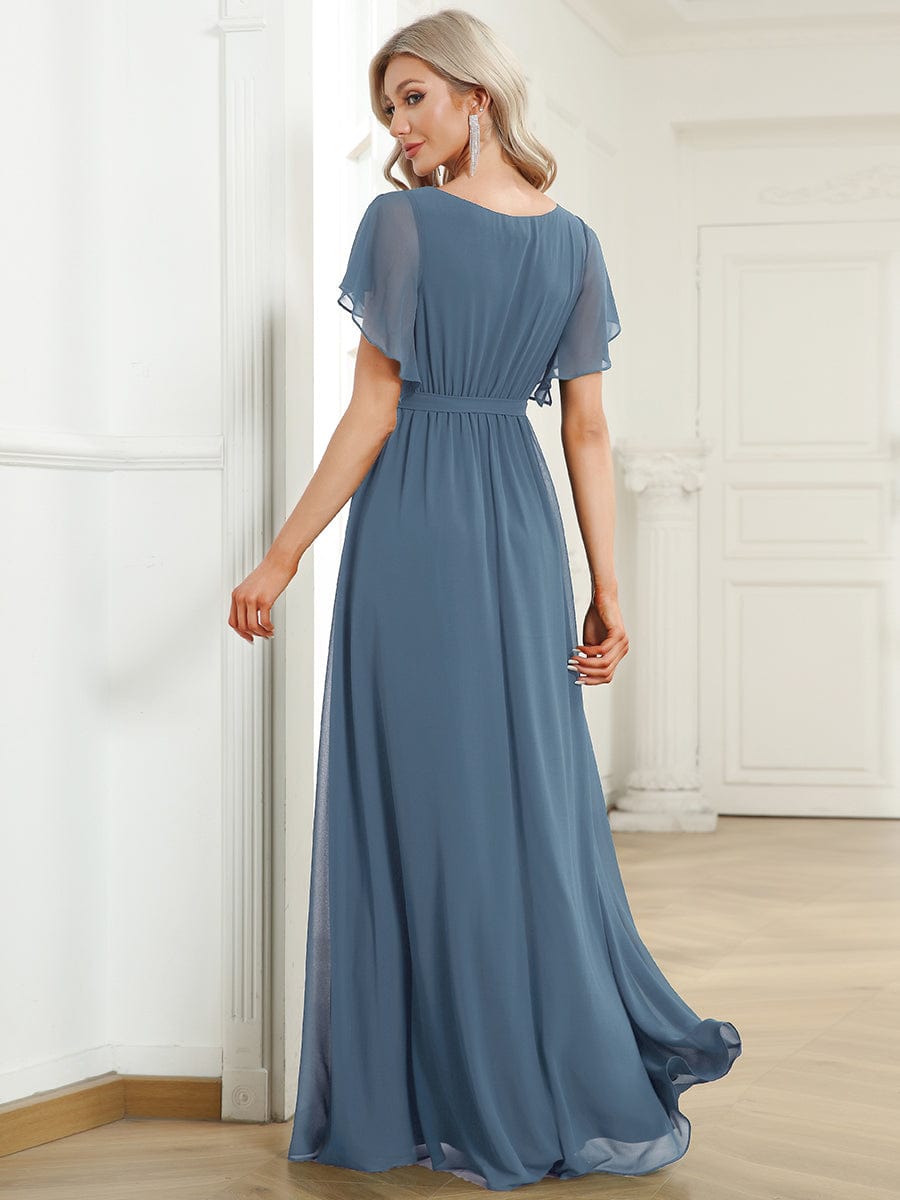 V-Neck Flutter Sleeve Floor-Length A-Line Chiffon Evening Dress #color_Dusty Navy