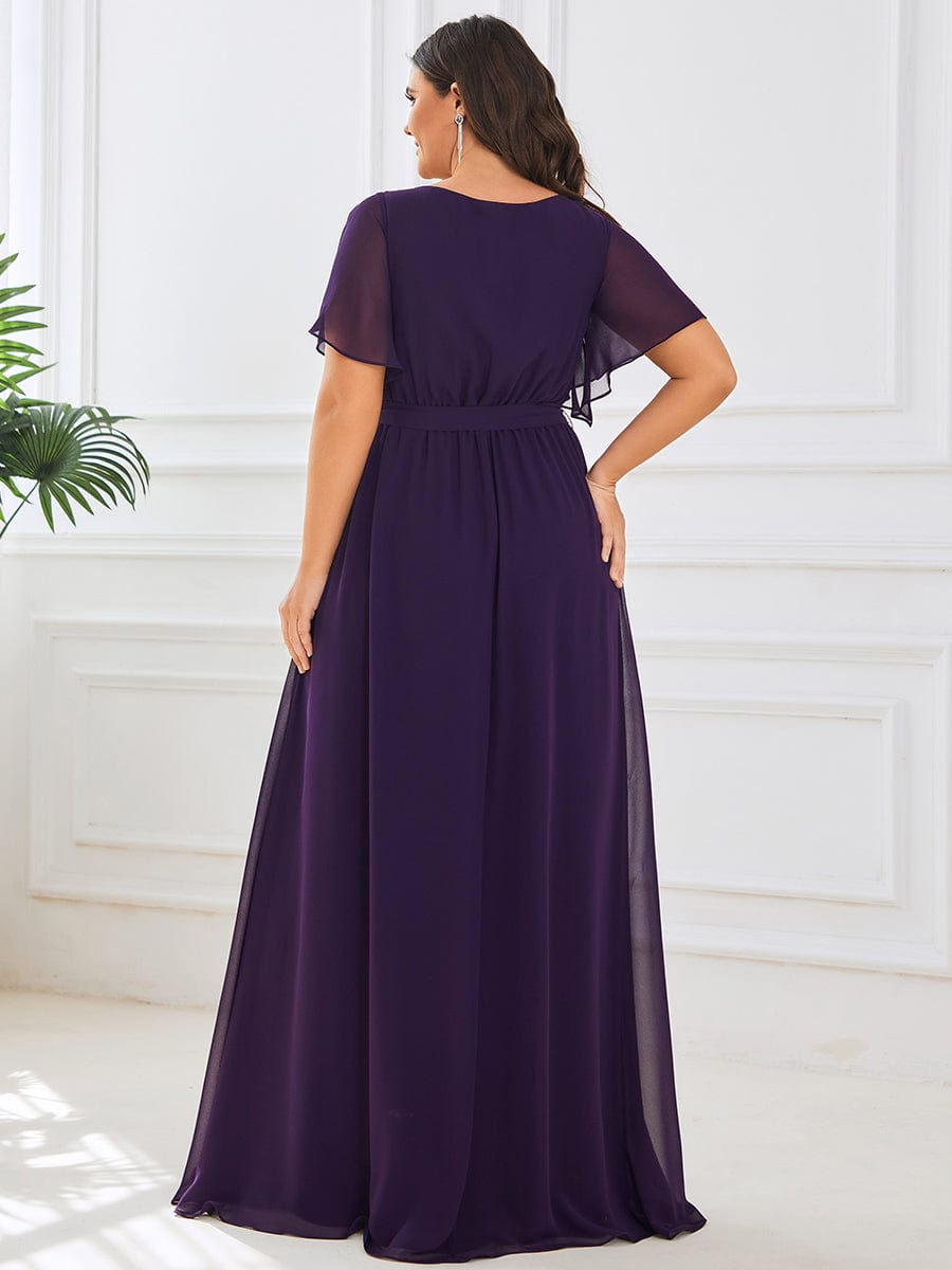 V-Neck Flutter Sleeve Floor-Length A-Line Chiffon Evening Dress #color_Dark Purple