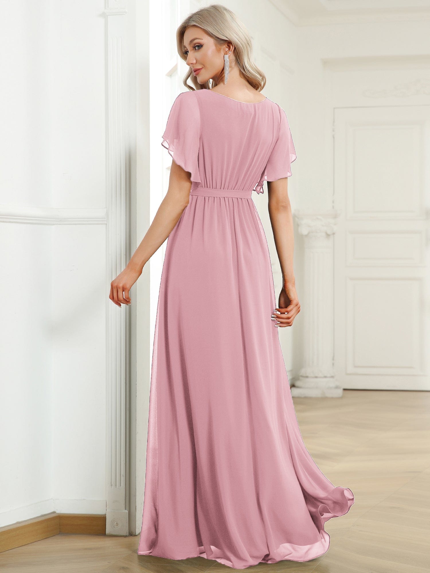 V-Neck Flutter Sleeve Floor-Length A-Line Chiffon Evening Dress #color_Dusty Rose
