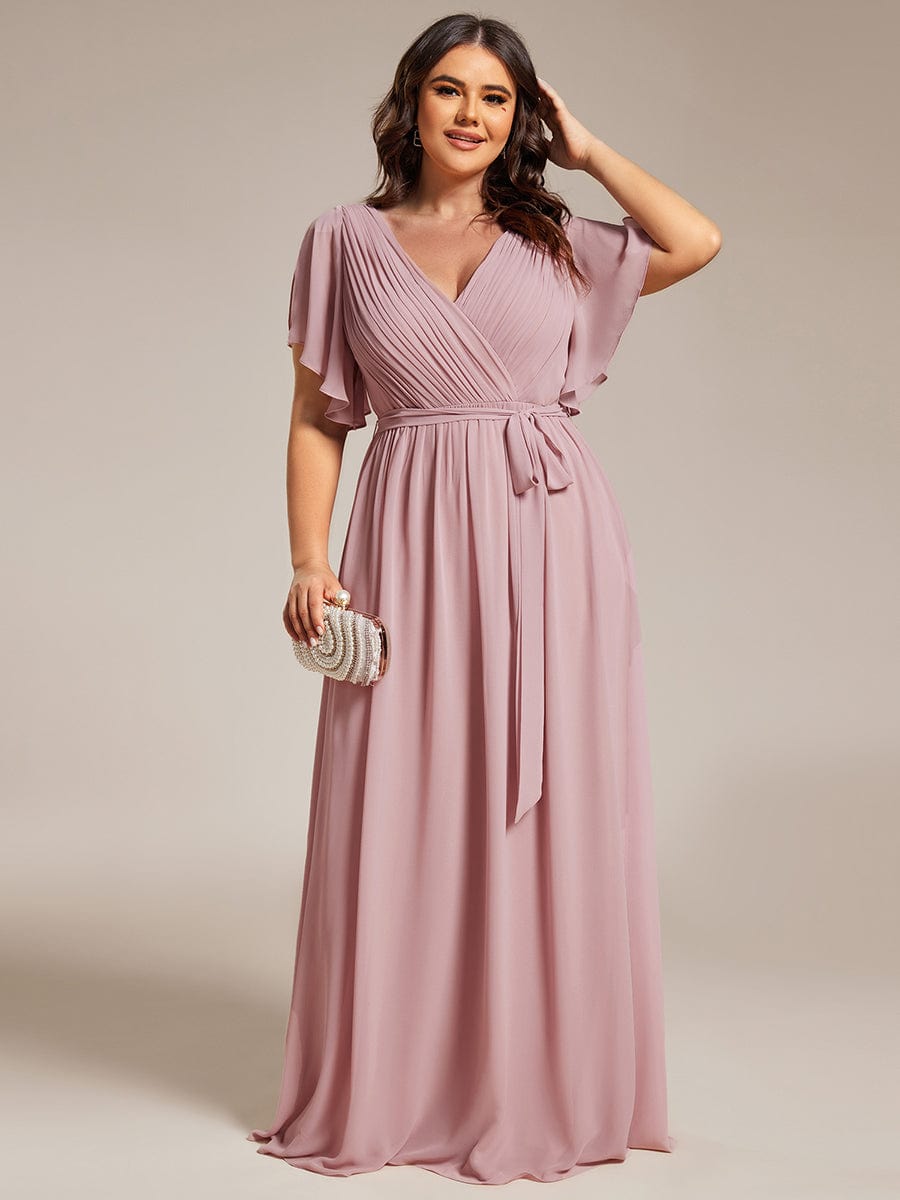 Plus Size Floor-Length Chiffon Evening Dress V-Neck Maxi #color_Dusty Rose