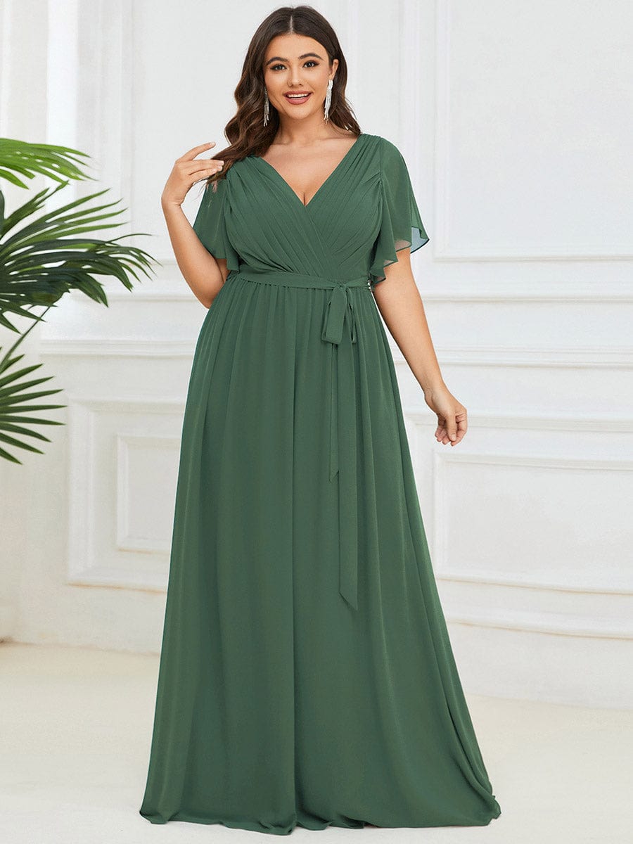 V-Neck Flutter Sleeve Floor-Length A-Line Chiffon Evening Dress #color_Eucalyptus