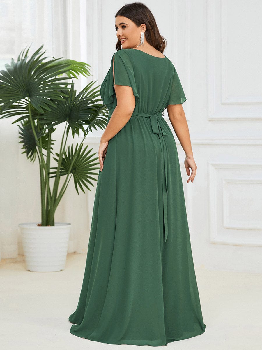 V-Neck Flutter Sleeve Floor-Length A-Line Chiffon Evening Dress #color_Eucalyptus