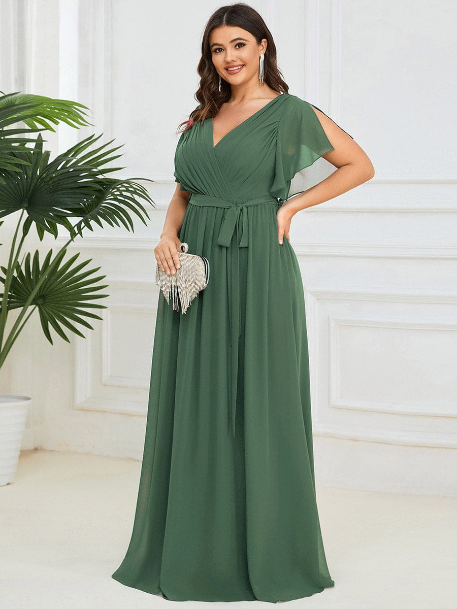 V-Neck Flutter Sleeve Floor-Length A-Line Chiffon Evening Dress #color_Eucalyptus