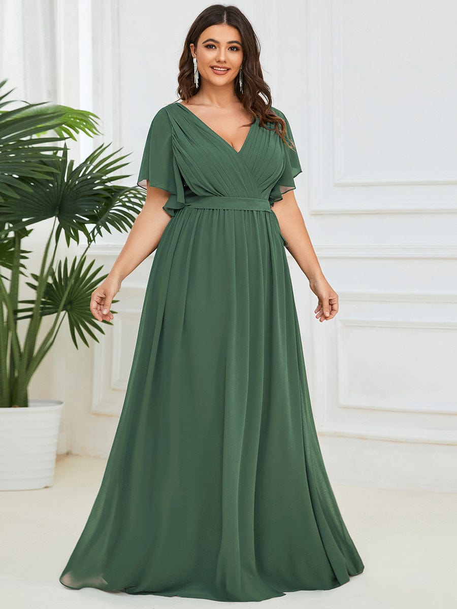 V-Neck Flutter Sleeve Floor-Length A-Line Chiffon Evening Dress #color_Eucalyptus