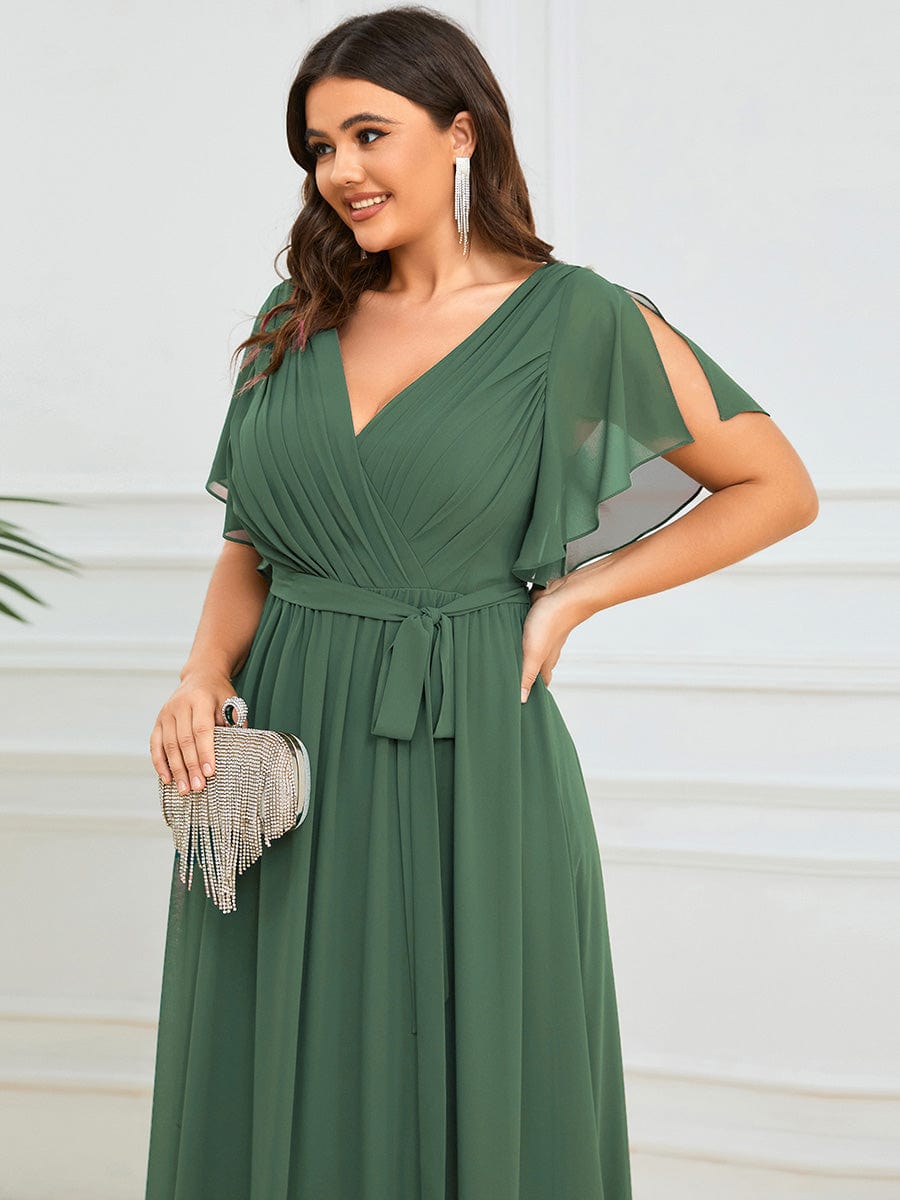 V-Neck Flutter Sleeve Floor-Length A-Line Chiffon Evening Dress #color_Eucalyptus