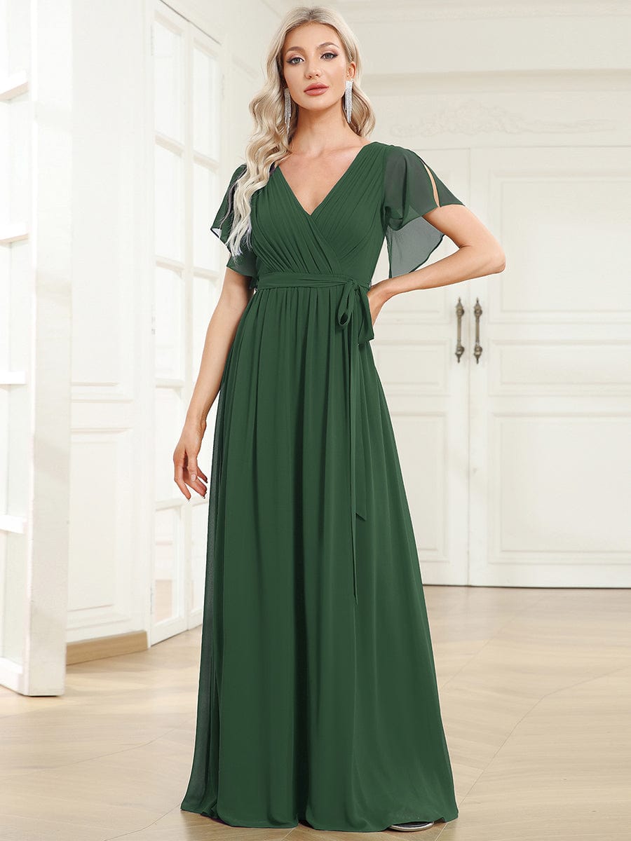 V-Neck Flutter Sleeve Floor-Length A-Line Chiffon Evening Dress #color_Eucalyptus