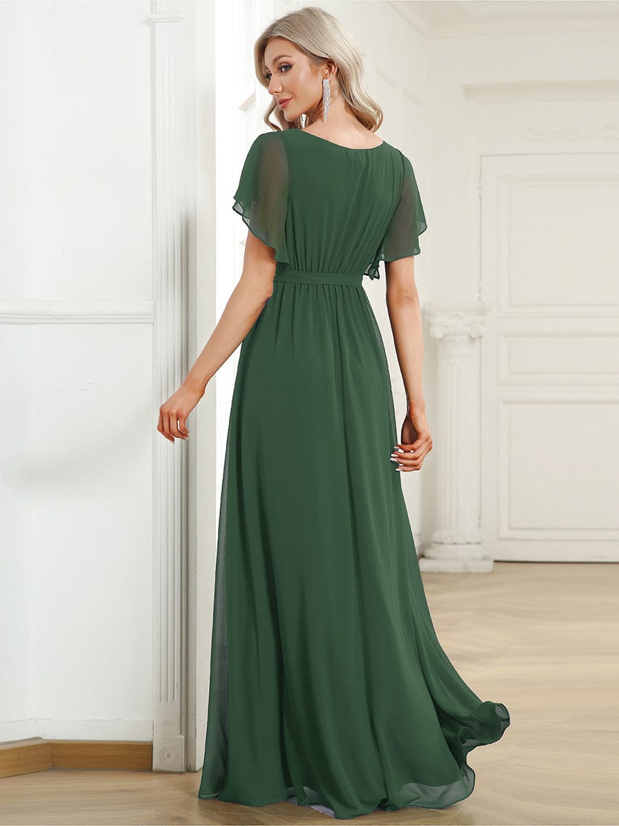 V-Neck Flutter Sleeve Floor-Length A-Line Chiffon Evening Dress #color_Eucalyptus