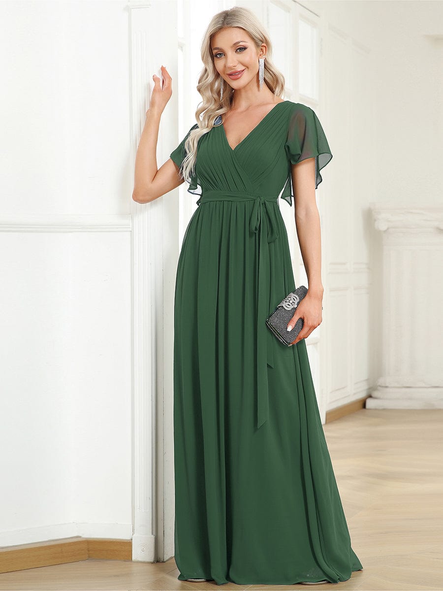 V-Neck Flutter Sleeve Floor-Length A-Line Chiffon Evening Dress #color_Eucalyptus