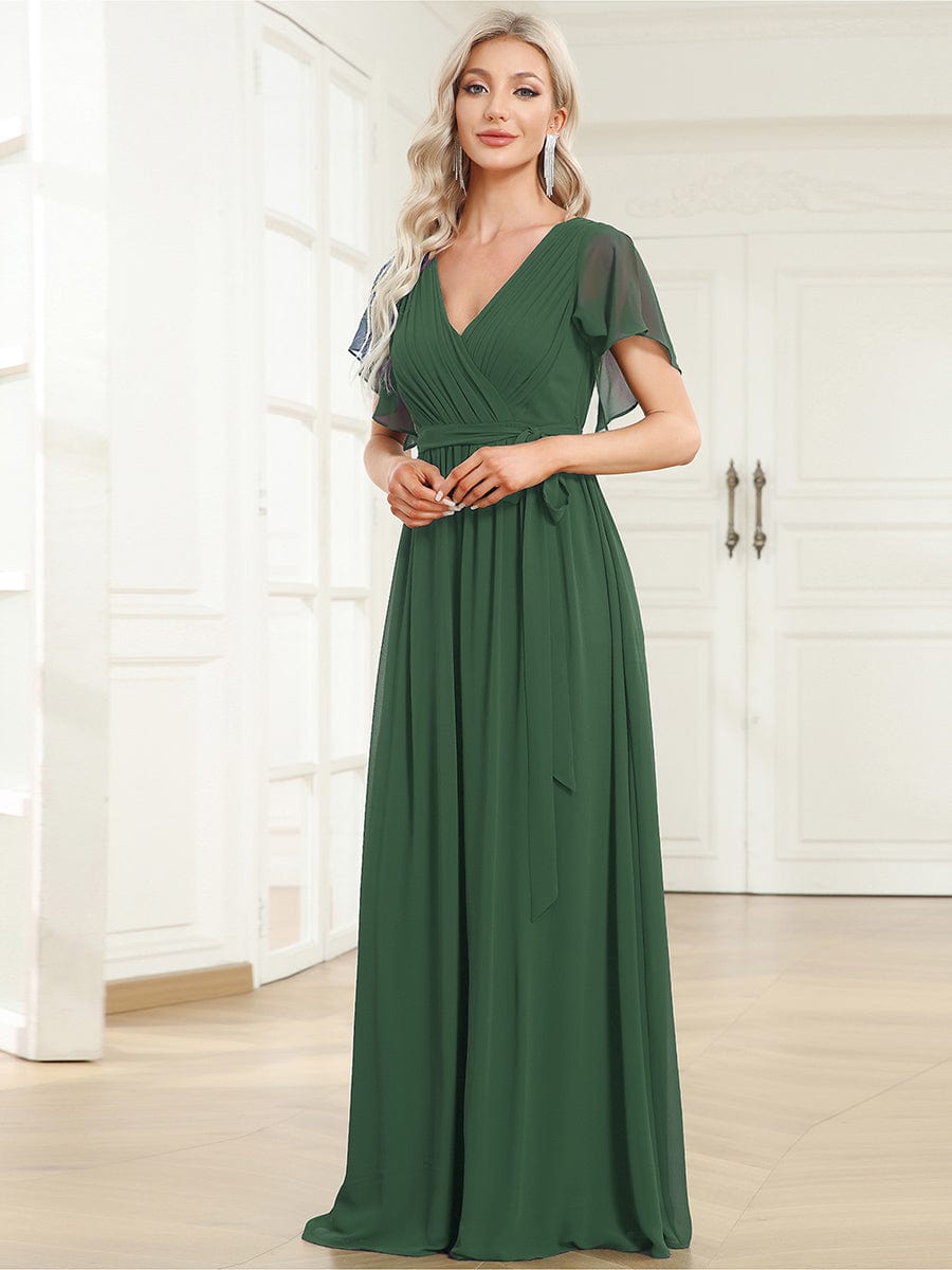 V-Neck Flutter Sleeve Floor-Length A-Line Chiffon Evening Dress #color_Eucalyptus