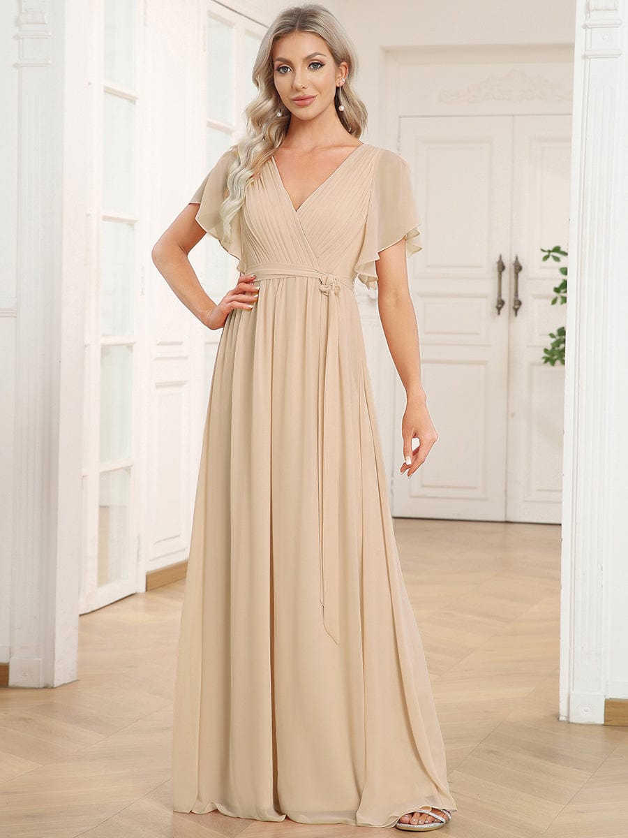 A-Line Pleated Chiffon Tie-Waist Bridesmaid Dress #color_Gold