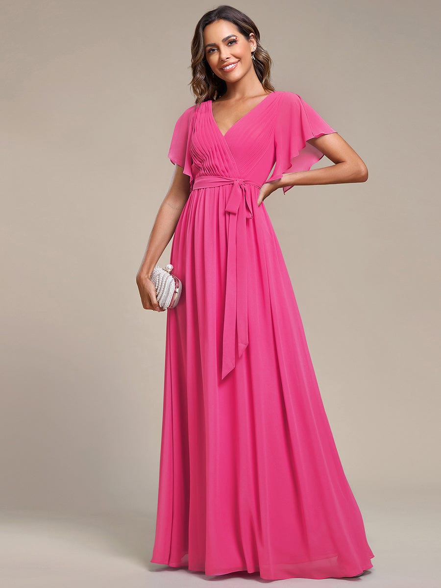 A-Line Pleated Chiffon Tie-Waist Bridesmaid Dress #color_Hot Pink