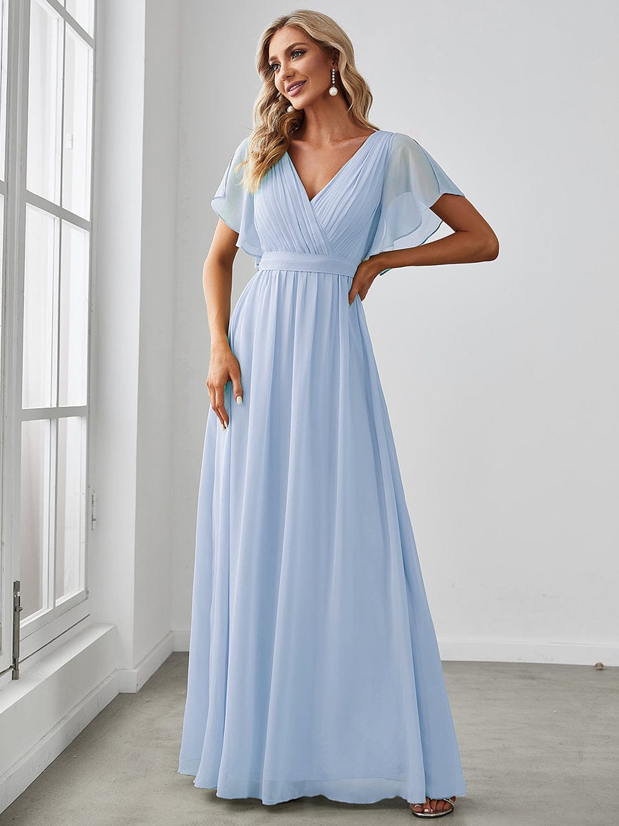 A-Line Pleated Chiffon Tie-Waist Bridesmaid Dress #color_Ice Blue