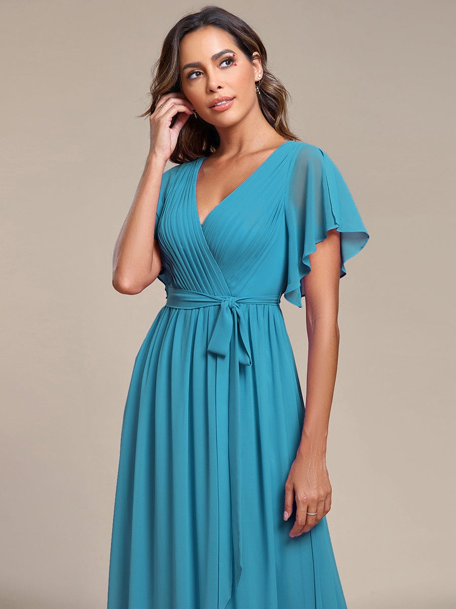 A-Line Pleated Chiffon Tie-Waist Bridesmaid Dress #color_Jade Blue