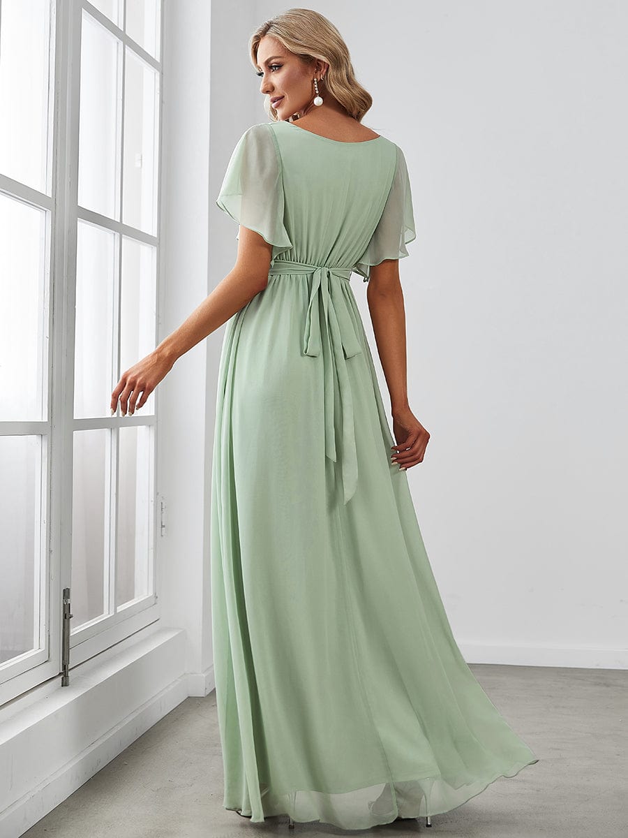 V-Neck Flutter Sleeve Floor-Length A-Line Chiffon Evening Dress #color_Sage Green