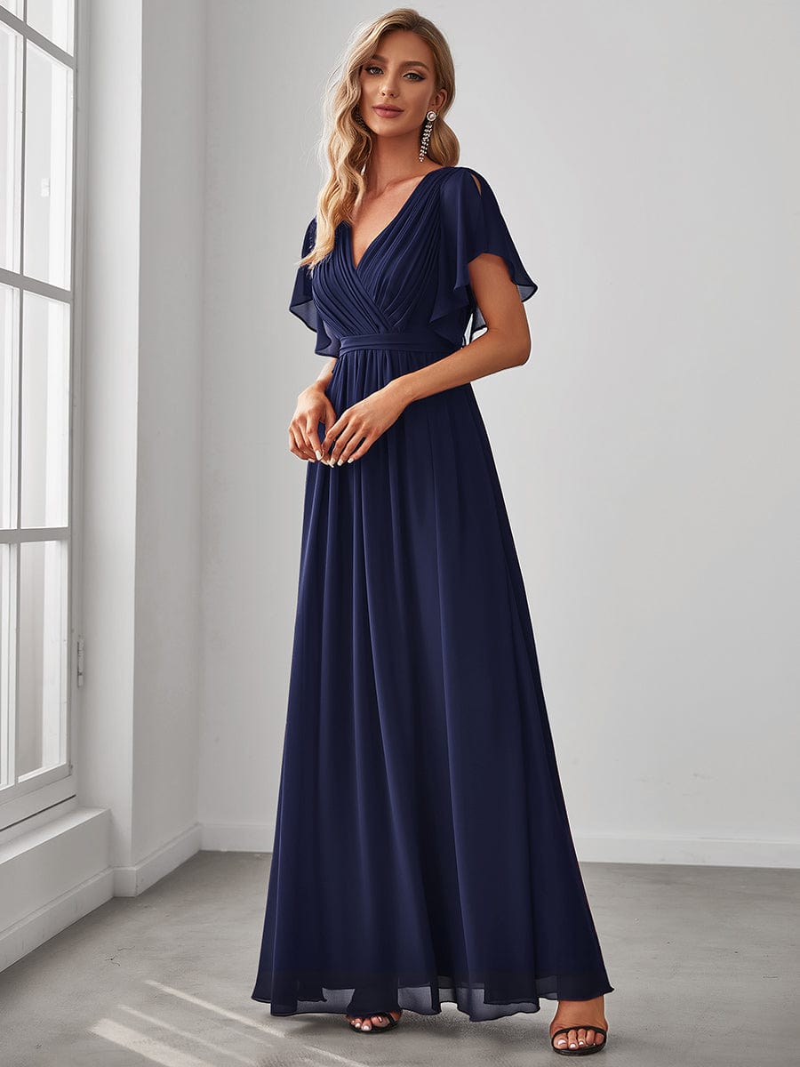 V-Neck Flutter Sleeve Floor-Length A-Line Chiffon Evening Dress #color_Navy Blue
