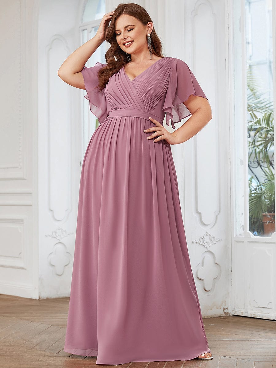 V-Neck Flutter Sleeve Floor-Length A-Line Chiffon Evening Dress #color_Purple Orchid