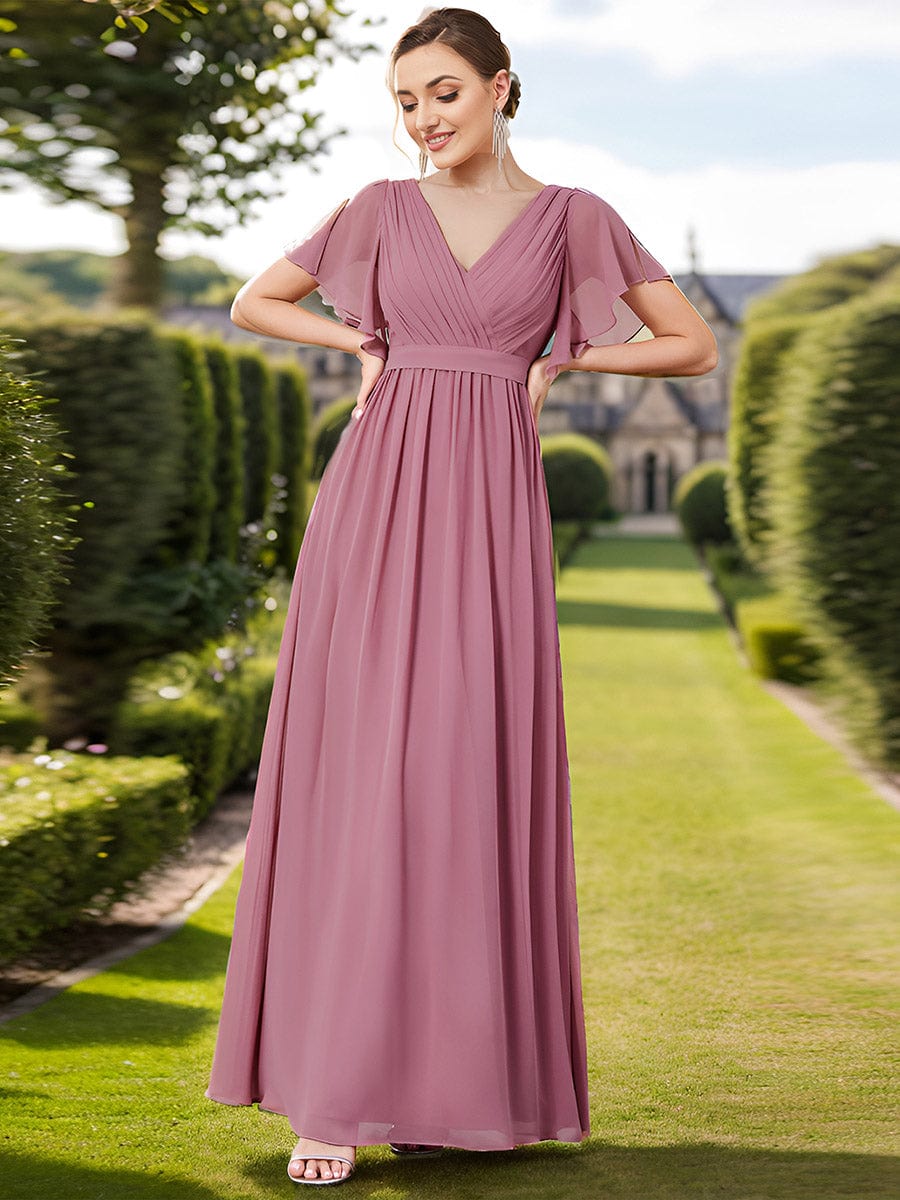 V-Neck Flutter Sleeve Floor-Length A-Line Chiffon Evening Dress #color_Purple Orchid