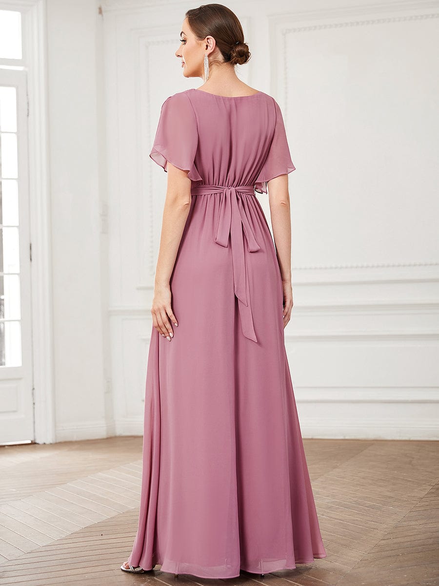 V-Neck Flutter Sleeve Floor-Length A-Line Chiffon Evening Dress #color_Purple Orchid