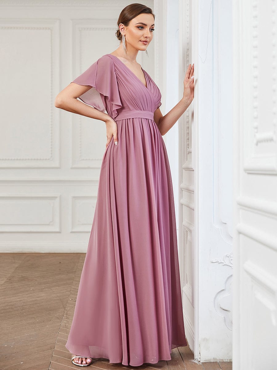 Custom Size V-Neck Flutter Sleeve Floor-Length A-Line Chiffon Evening Dress #color_Purple Orchid