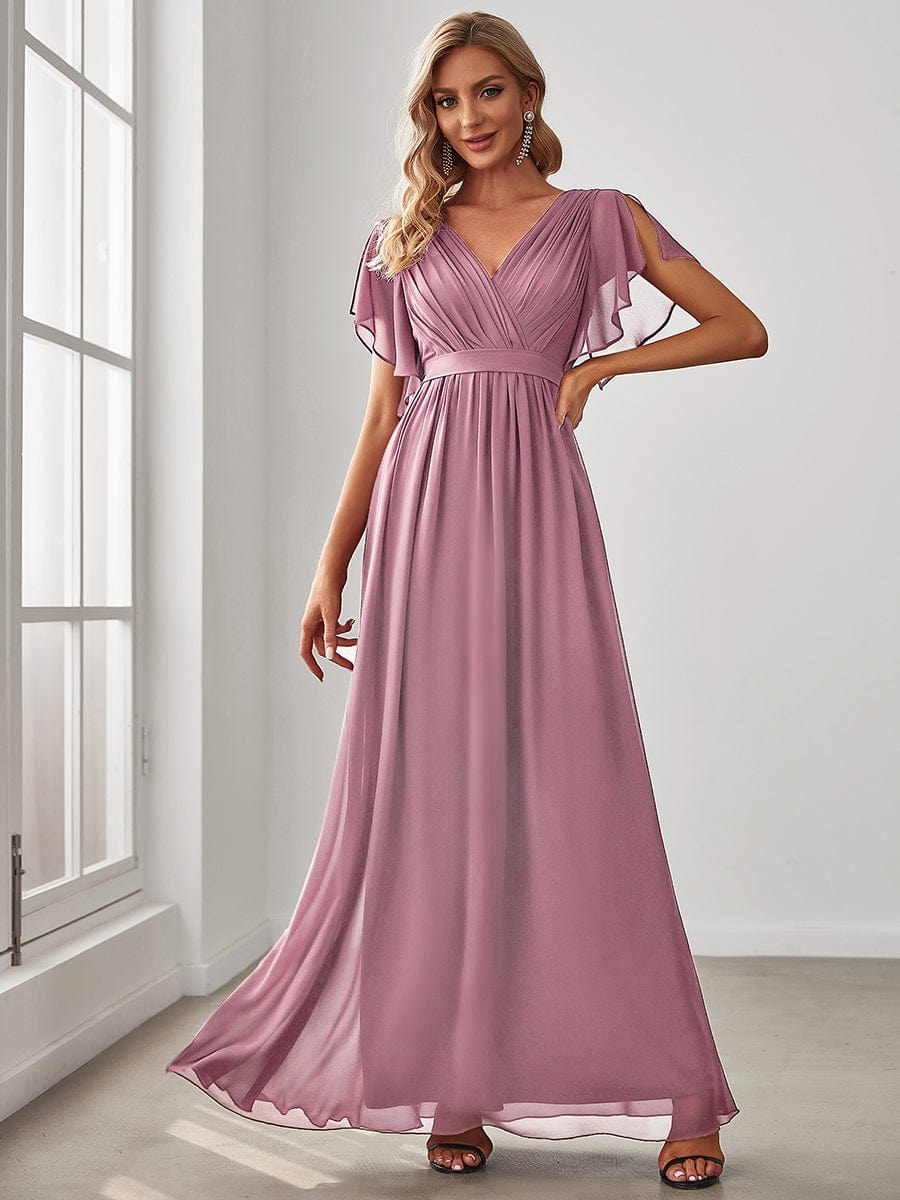 V-Neck Flutter Sleeve Floor-Length A-Line Chiffon Evening Dress #color_Purple Orchid
