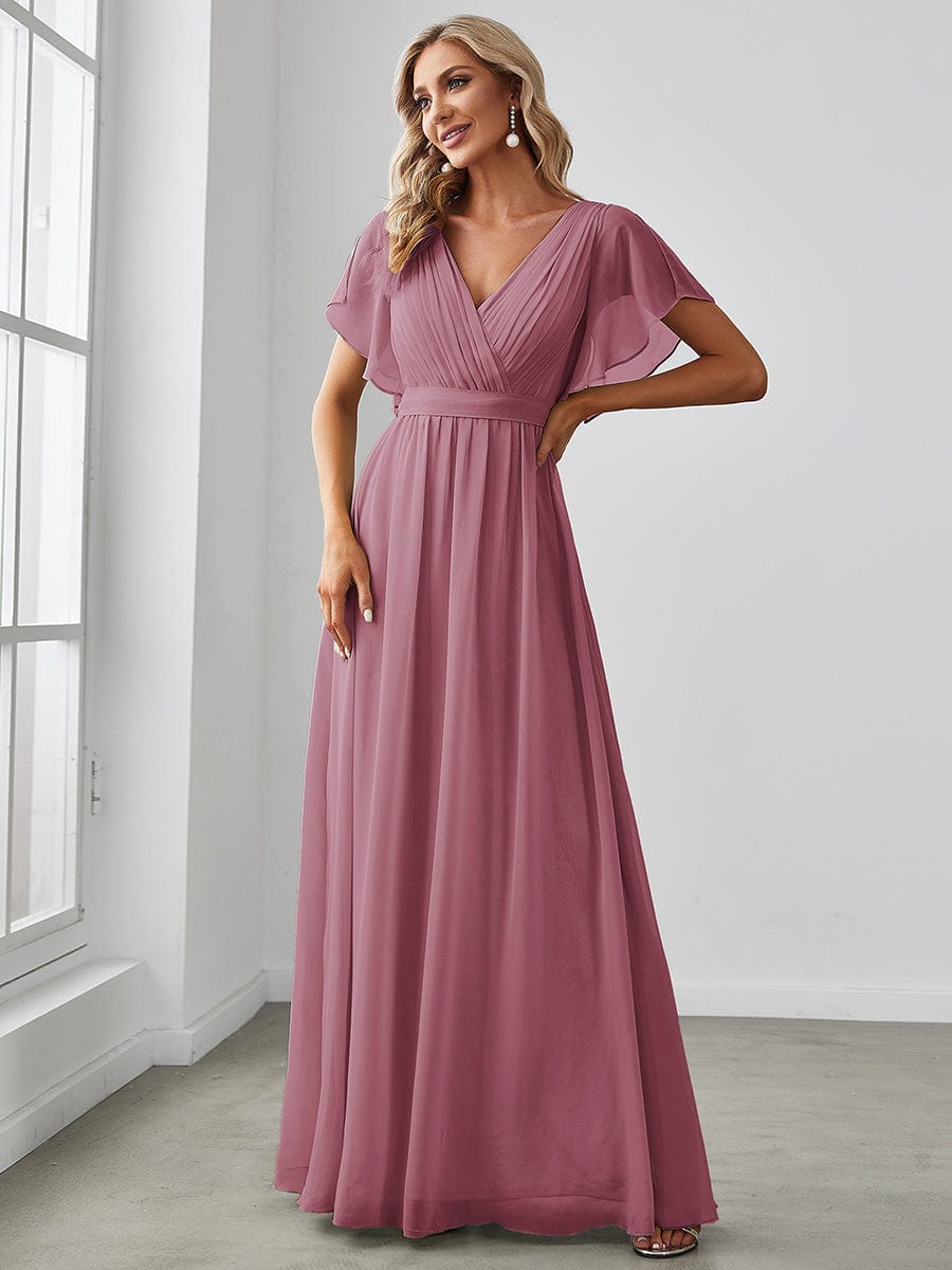 V-Neck Flutter Sleeve Floor-Length A-Line Chiffon Evening Dress #color_Purple Orchid