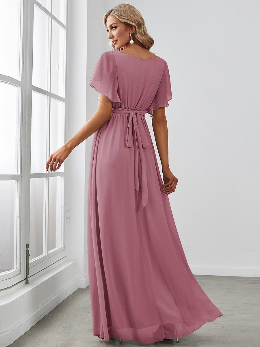 Custom Size V-Neck Flutter Sleeve Floor-Length A-Line Chiffon Evening Dress #color_Purple Orchid