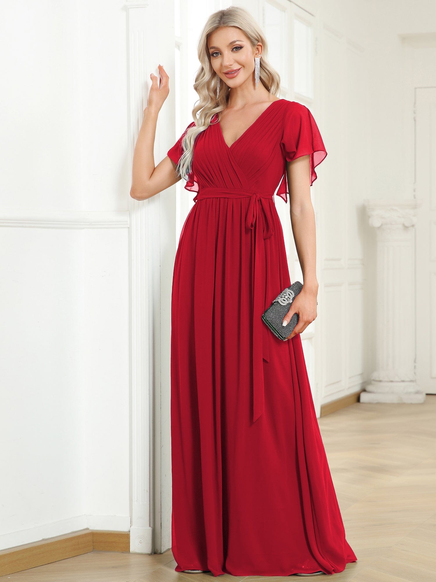 A-Line Pleated Chiffon Tie-Waist Bridesmaid Dress #color_Red