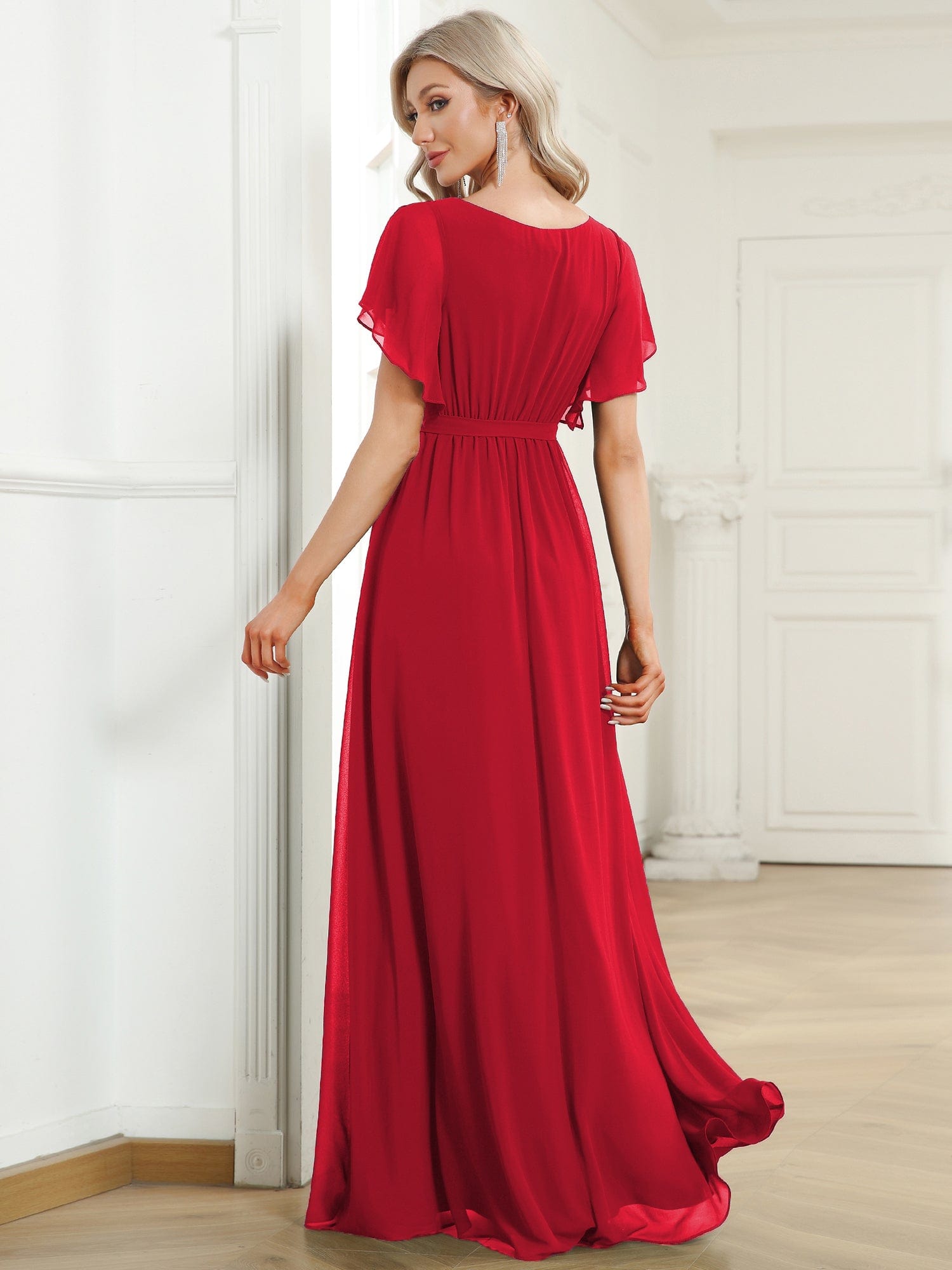 A-Line Pleated Chiffon Tie-Waist Bridesmaid Dress #color_Red