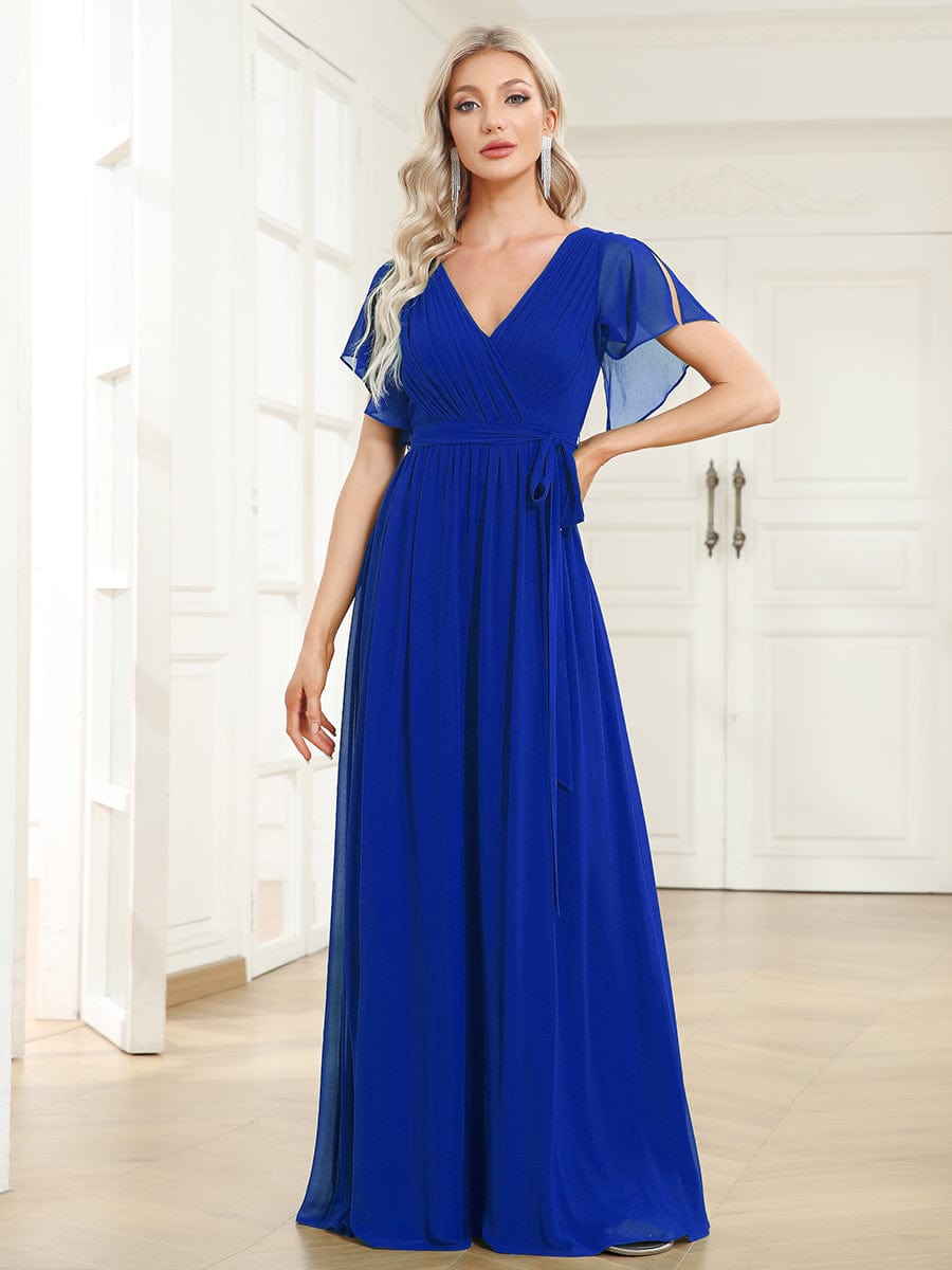 A-Line Pleated Chiffon Tie-Waist Bridesmaid Dress #color_Sapphire Blue