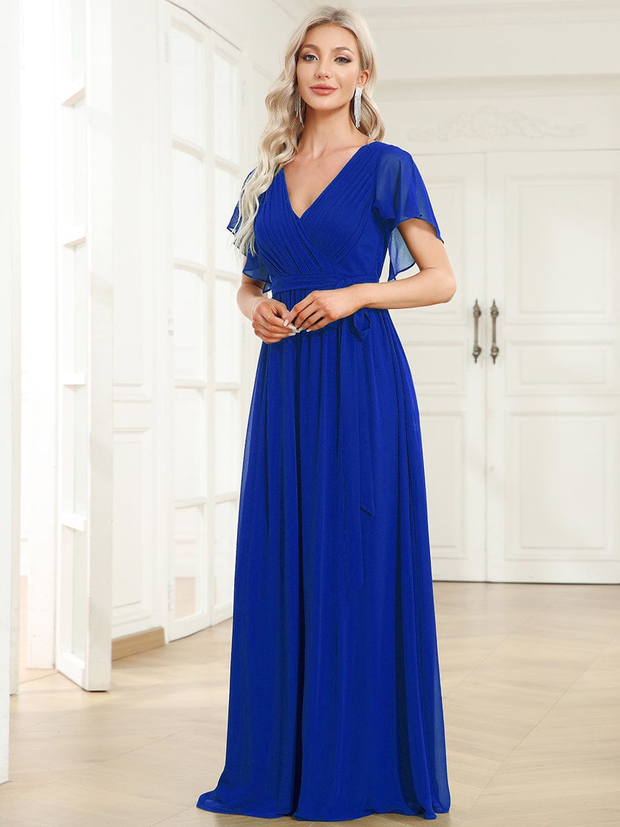 A-Line Pleated Chiffon Tie-Waist Bridesmaid Dress #color_Sapphire Blue