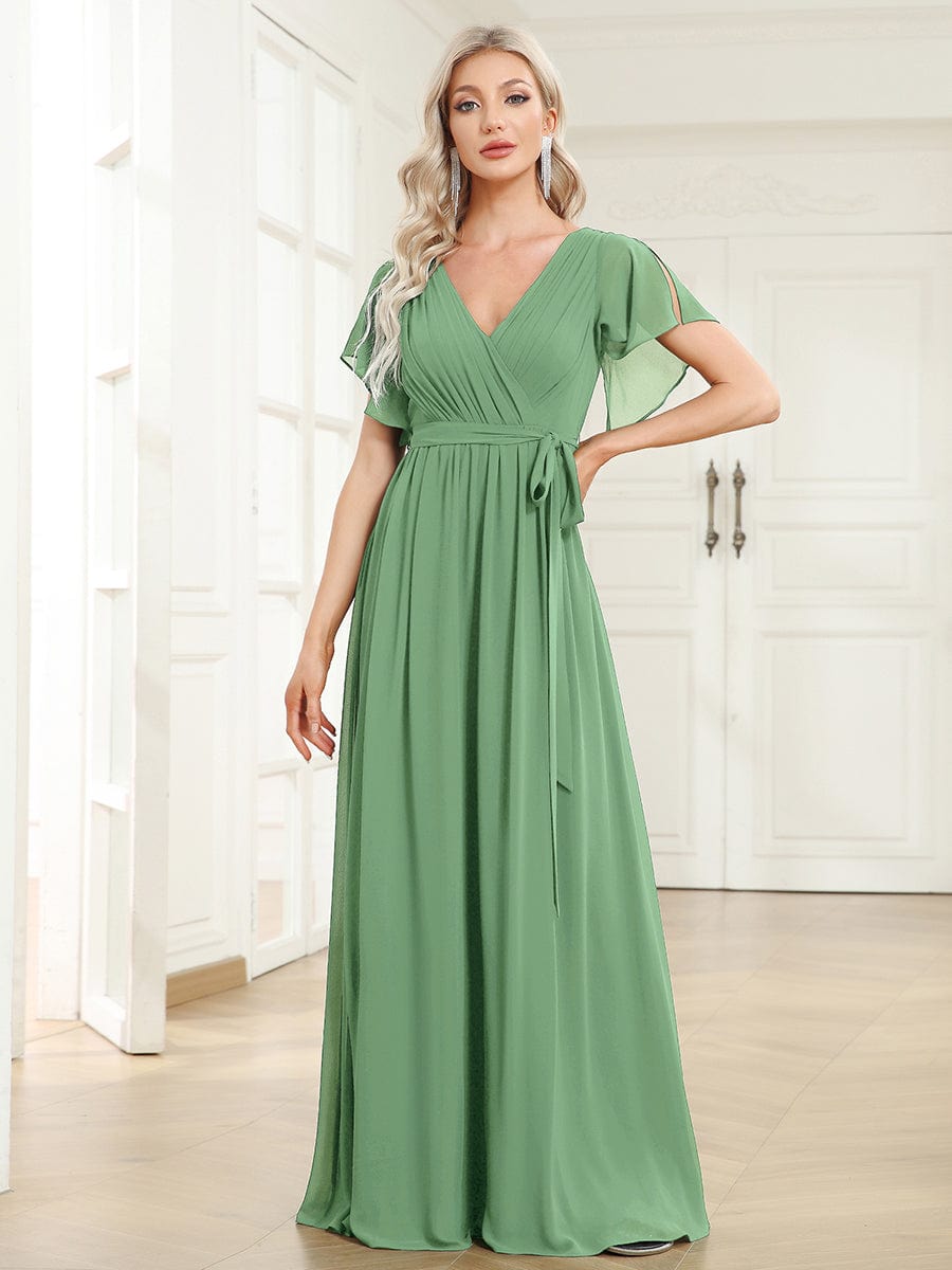 A-Line Pleated Chiffon Tie-Waist Bridesmaid Dress #color_Sage Green