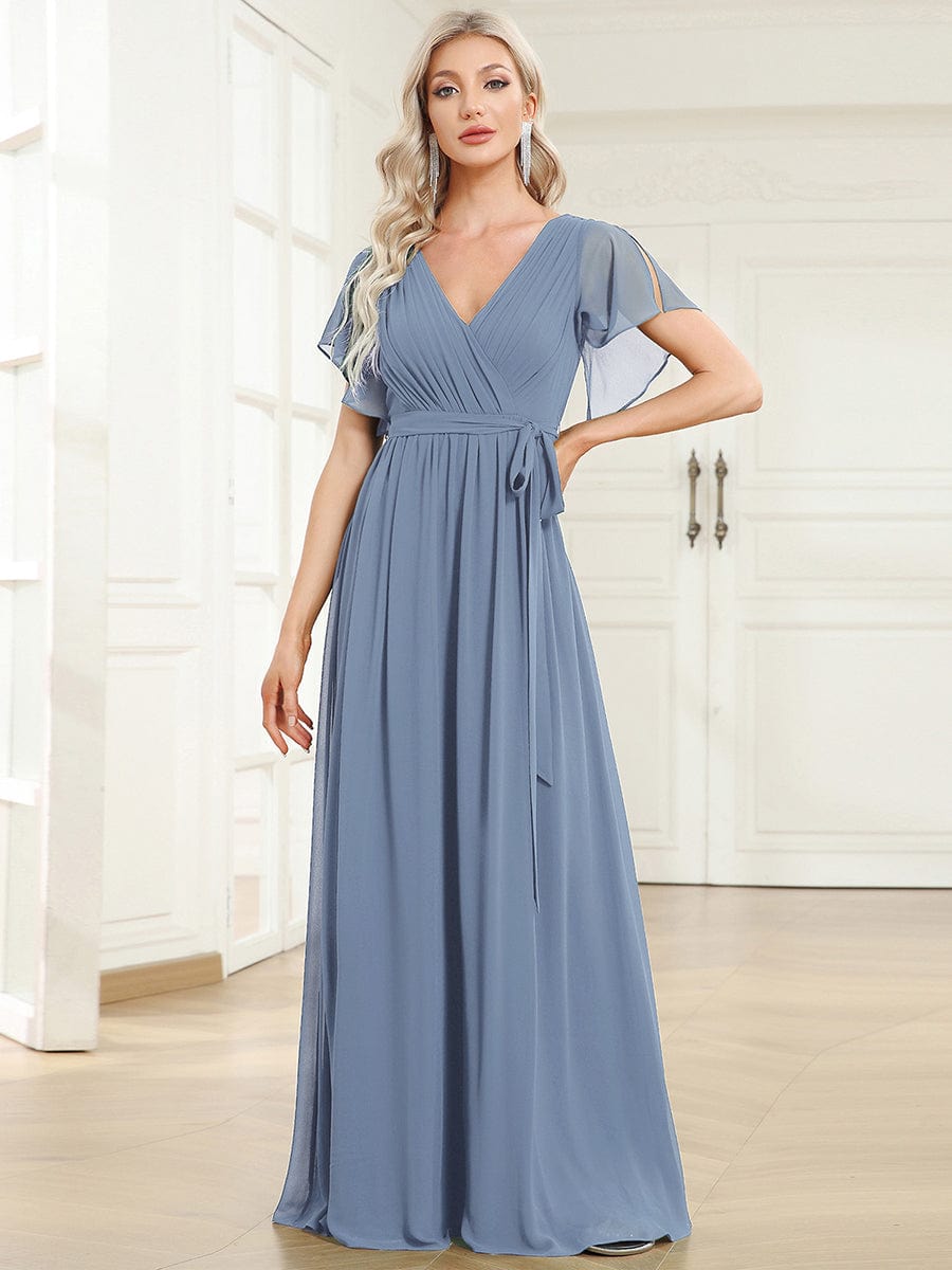 A-Line Pleated Chiffon Tie-Waist Bridesmaid Dress #color_Slate Blue